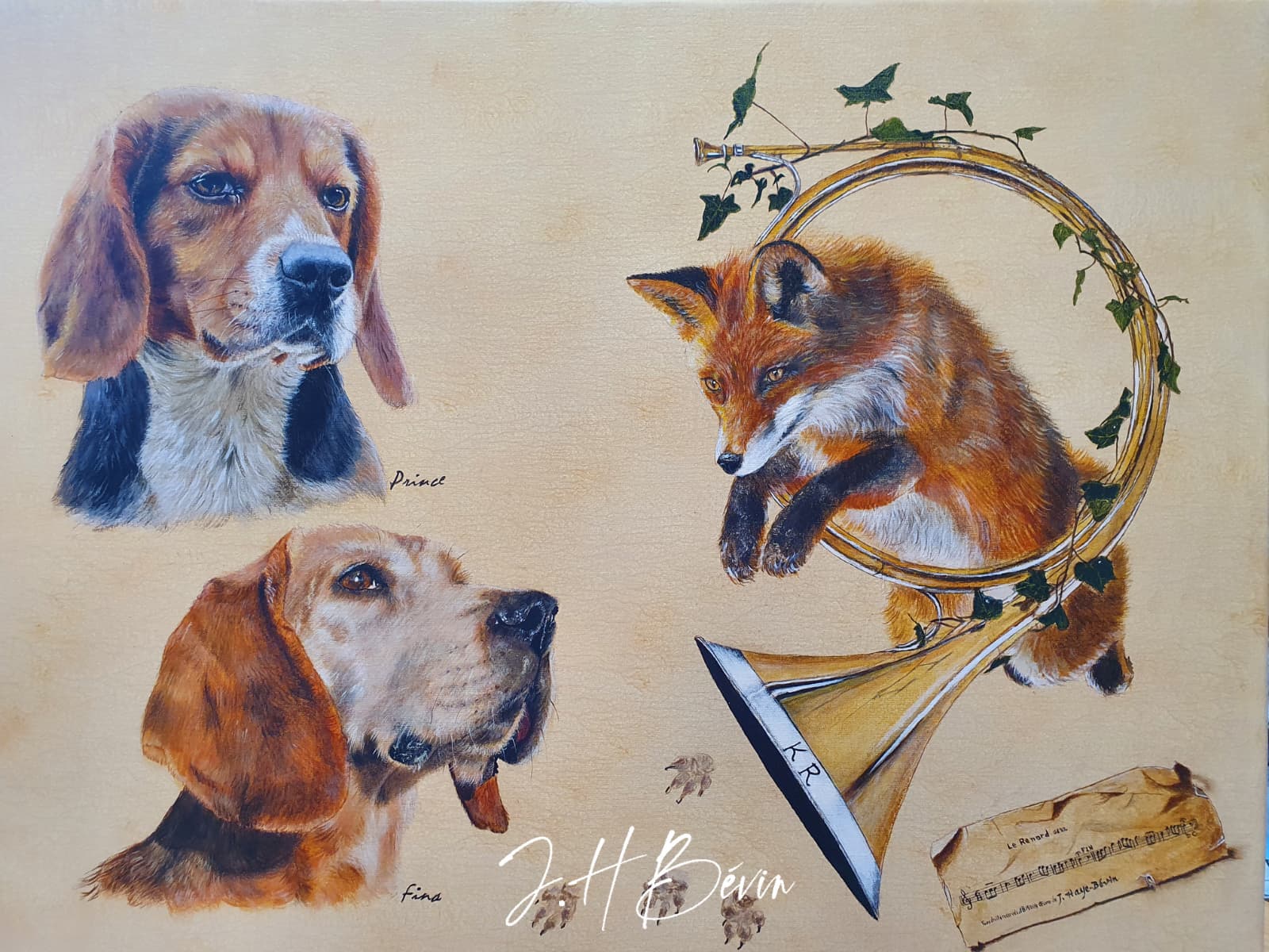 Peinture_Beagle-renard-trompes-J-H-Bevin