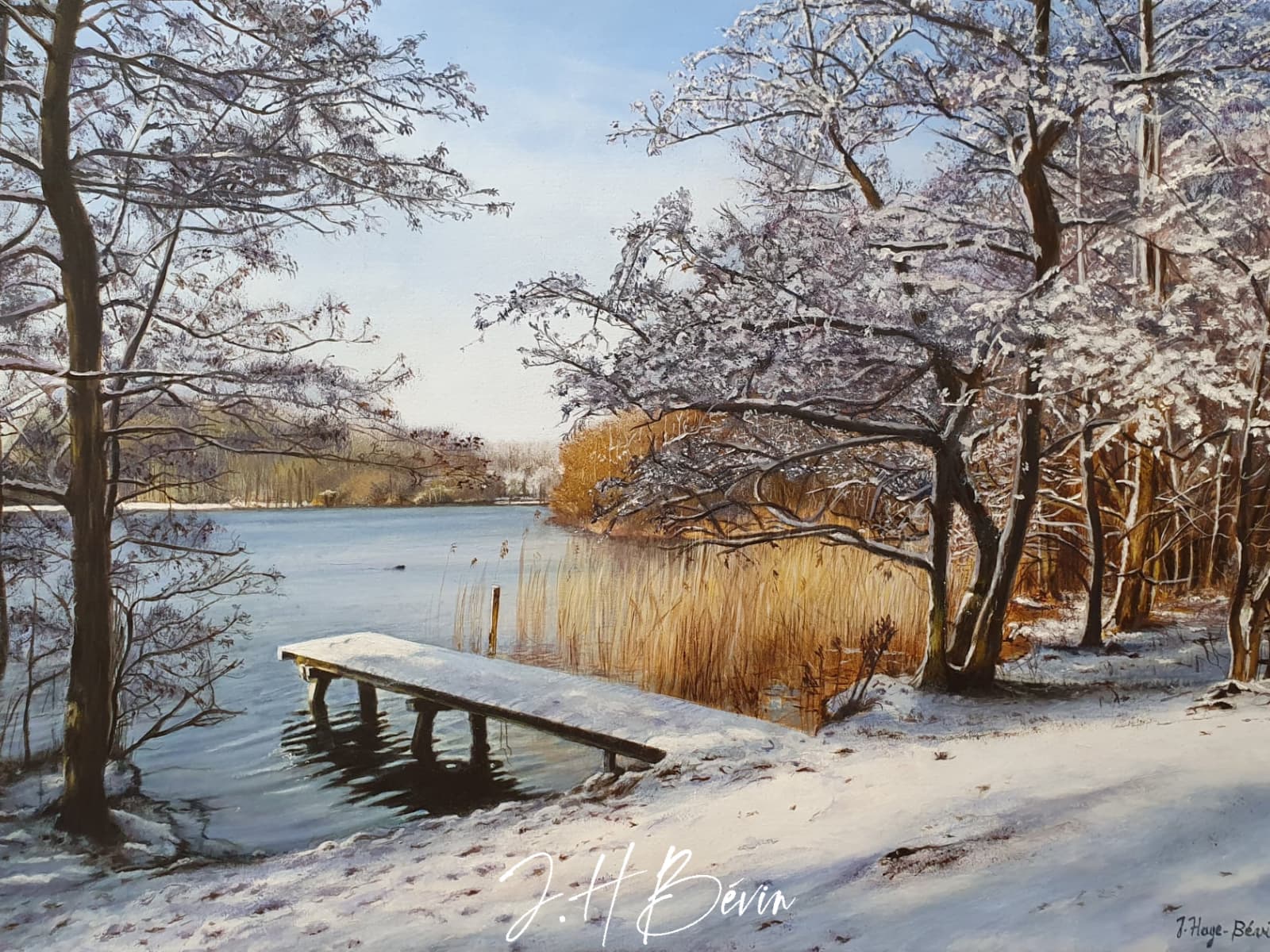 Peinture_Paysage-de-neige-et-ponton-sur-le-lac-J-H-Bevin